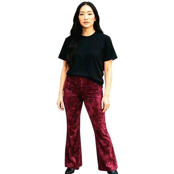 Red Wine Crushed Velvet Flared Pants High Waist Pull On Stretch M Bell Bottoms - Picture 1 of 16